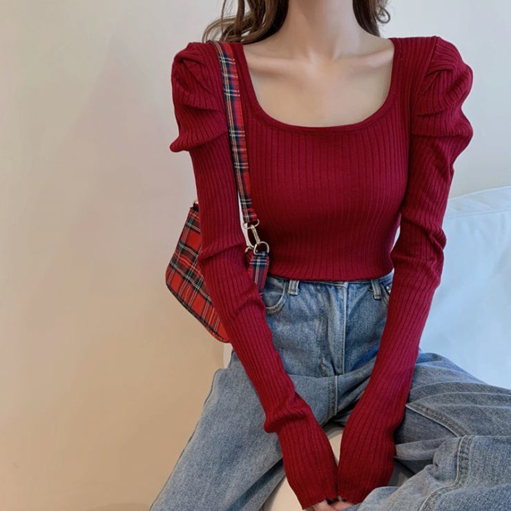 Red French square collar rajutan sweater wanita musim semi dan musim gugur baru ketat dalam sweater gaya wewangian kecil lengan panjang slim bottoming top