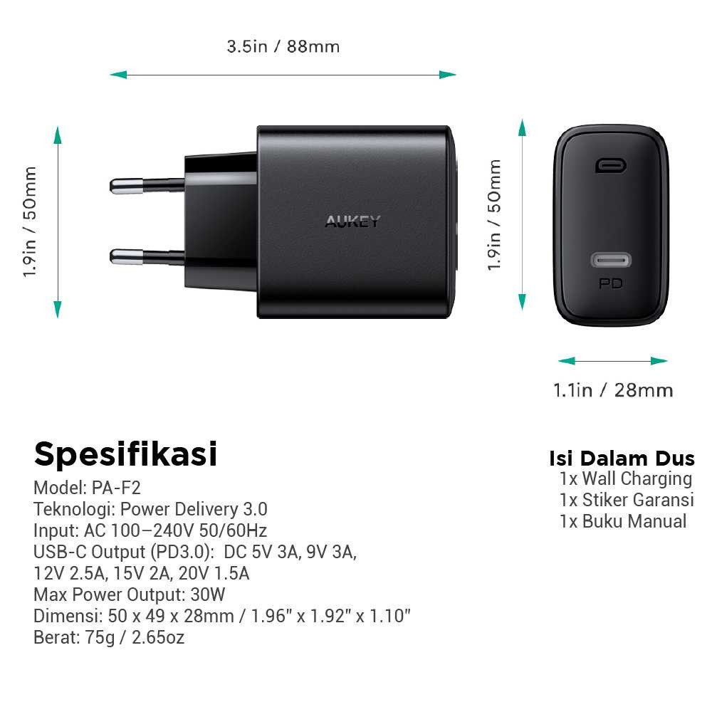 AKN88 - AUKEY PA-F2 - SWIFT Series 30W - PD Wall Charger Single USB-C Port 30W