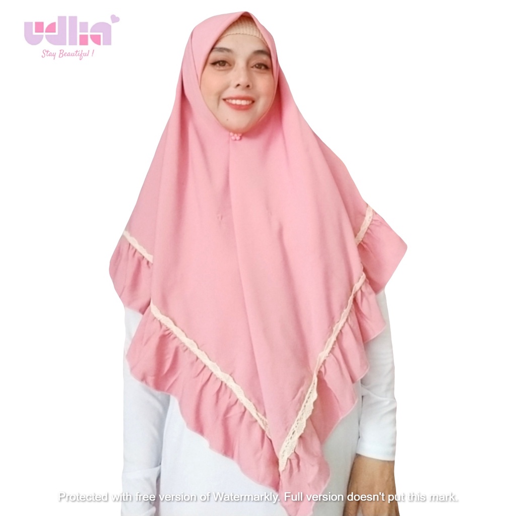 Udlia Jilbab Segi Empat Remple Renda Pink