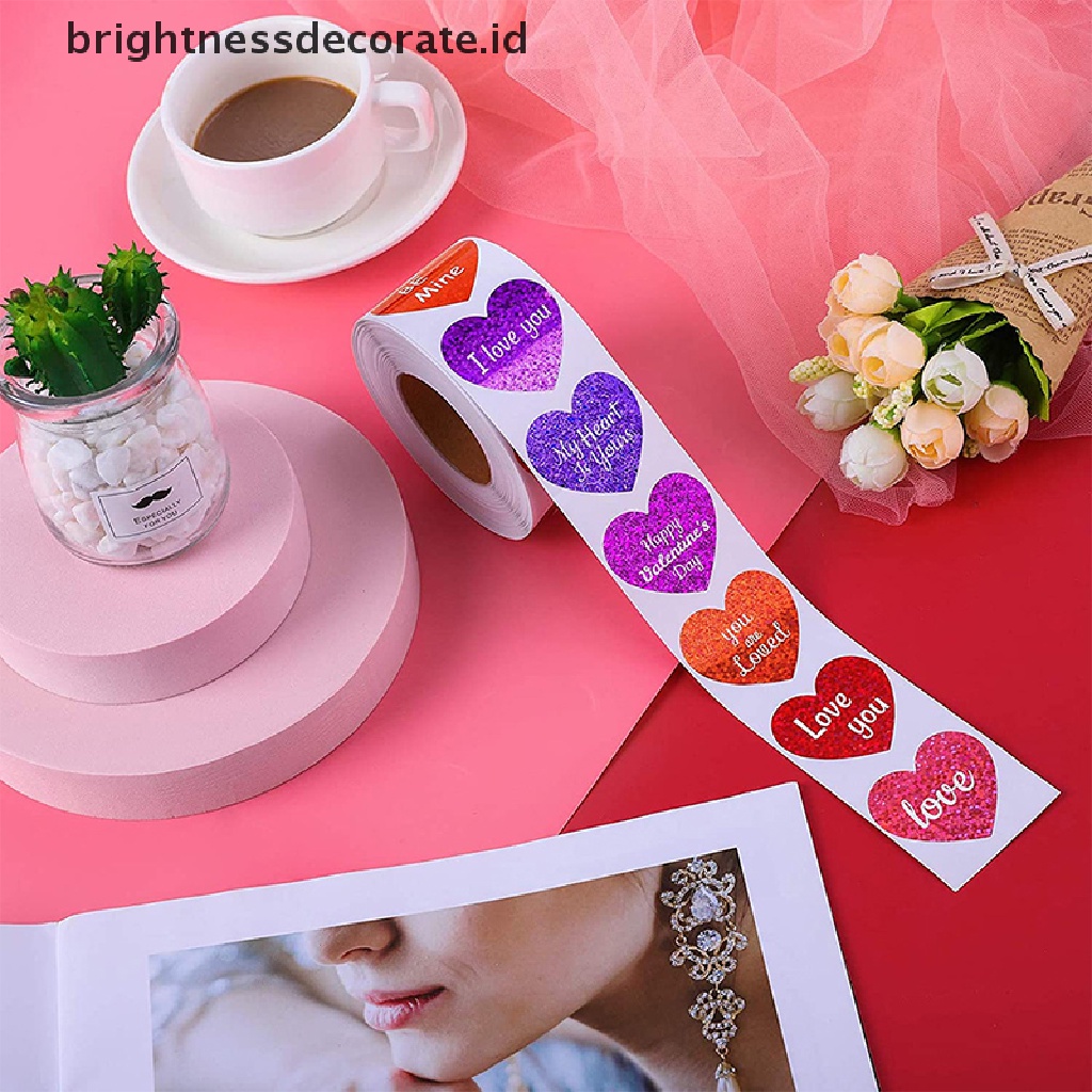 [Birth] 500pcs/roll Stiker Label Cinta Berbentuk Hati Scrapbooking Stiker Perekat Untuk Hari Valene Pernikahan Dekorasi Alat Tulis Sparkle Stiker Kemasan Segel Label Stiker [ID]