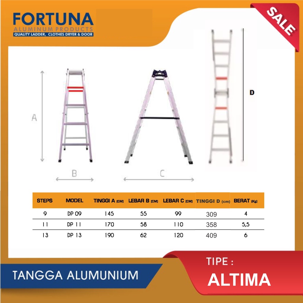 Fortuna Altima DP 11 Tangga Lipat Aluminium Tinggi 170cm Bentang 3.5 meter DP11