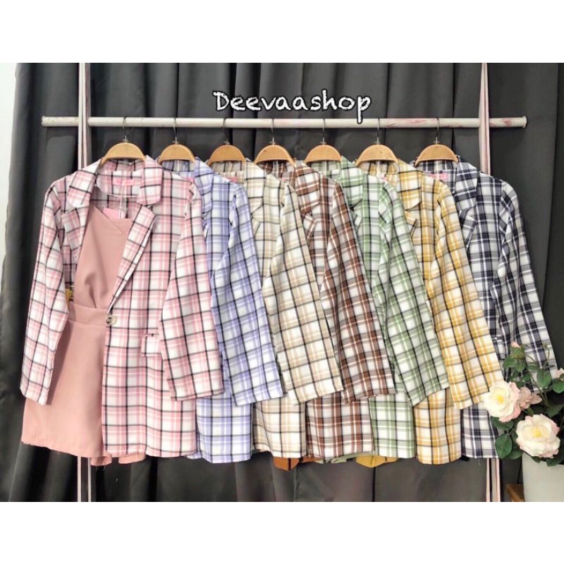 BJ - Set blazer 3 in 1 celana pendek motif kotak besar 8988 import Bangkok | 361