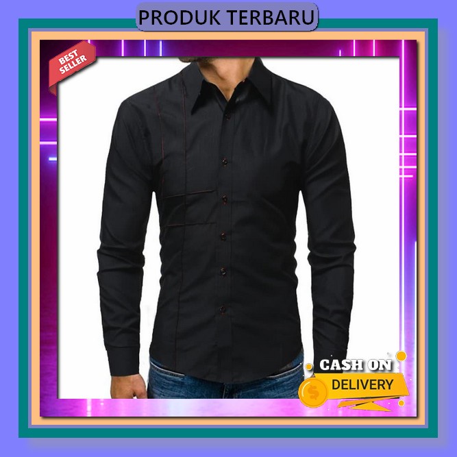 Kemeja Pria Mens Polosan Lengan Panjang Slimfit Stripe Garis Katun Flanel Lengan Panjang Baju Atasan