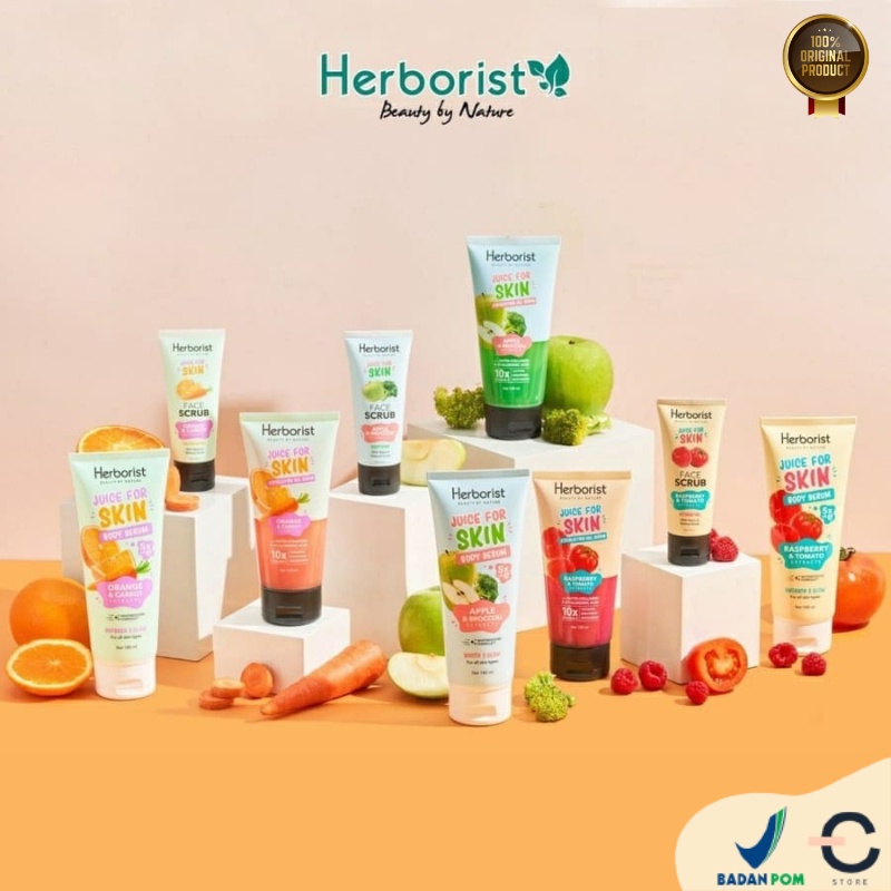 [ORI BPOM] HERBORIST Juice For Skin Series - Body Serum 180ml - Face Scrub 60ml - Exfoliating Gel Scrub 150ml | Orange &amp; Carrot | Apple &amp; Broccoli | Raspberry &amp; Tomato