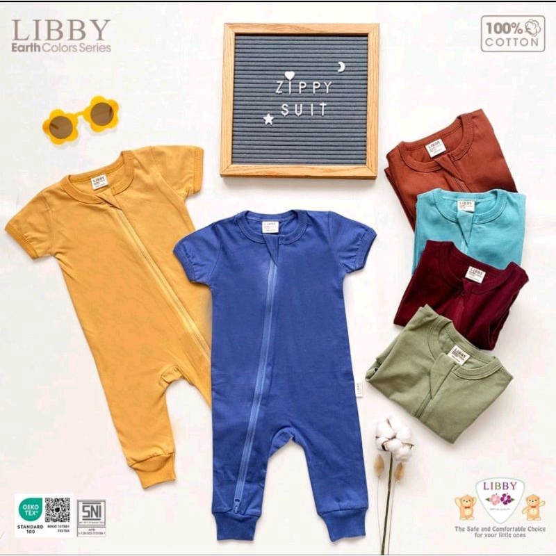Libby Sleepsuit Zipper Cotton Earth Color / slepsuit Libby tangan panjang/sleepsuit libby polos tangan pendek