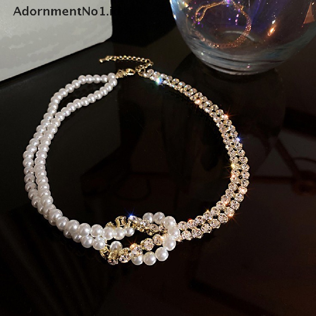 [AdornmentNo1] Kalung Choker Kristal Mutiara Gaya Korea Untuk Wanita Rantai Pendek Berlian Imitasi Kalung Pernyataan Perhiasan Pesta Hadiah Yang Indah [ID]