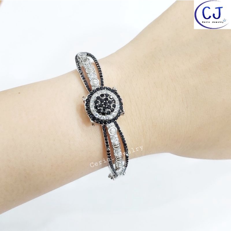 Gelang Perak Asli Silver Wanita 925 Lapis Emas Putih Model Bangle Oval matahitam - Perhiasan Perak