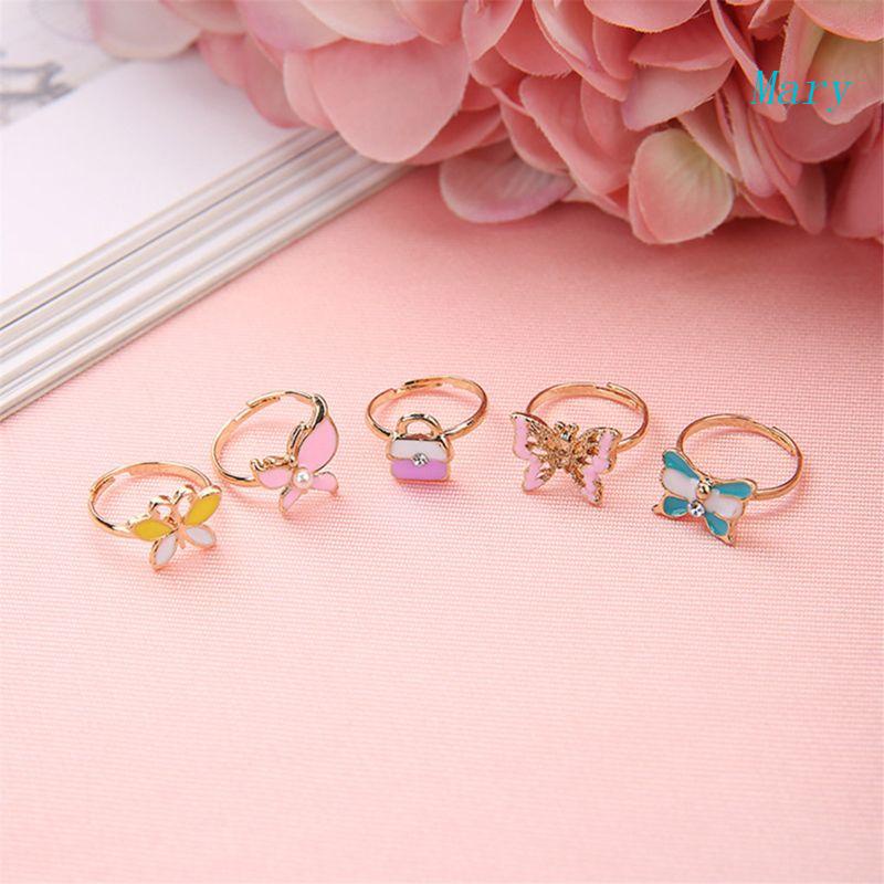 Mary 5Pcs Fancy Ring Gadis Adjustable Rings Anak Pesta Cosplay Gaun Accs Gelisah Logam Cincin Set Pesta Properti Wanita Gi