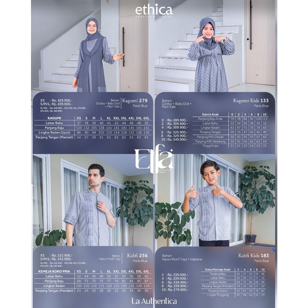 Baju Gamis Ethica Kagumi 279 - Elfa 278 Parie Blue / Kahfi 256 - Kahfi kids 183 - Kagumi kids 133 / Fashion Muslim Gamis Koko Couple Sarimbit Terbaru 2023 Eticha