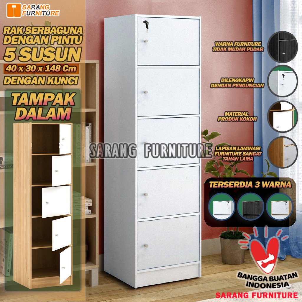 LEMARI RAK BUKU SERBAGUNA SUSUN 5 KAYU DENGAN KUNCI RSG PINTU 5 SUSUN