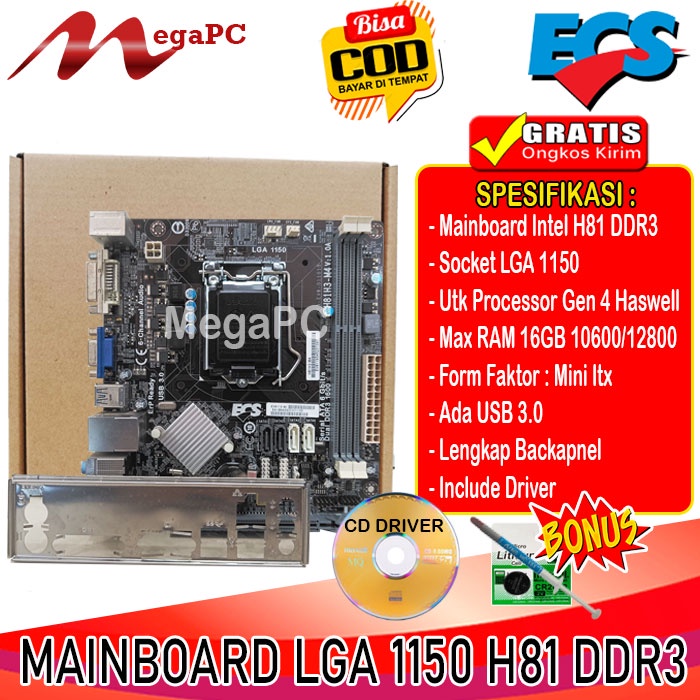 Promo Motherboard LGA 1150 H81 ECS DDR3 USB 3.0 Bonus Pasta Dan CMOS