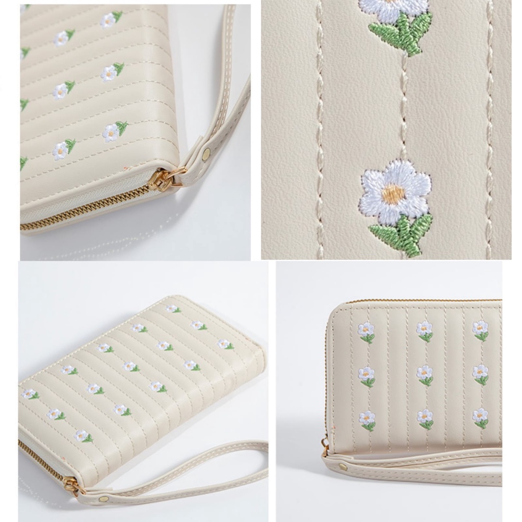 DOMPET PANJANG WANITA IMPORT KULIT PREMIUM KOREA REMAJA KEKINIAN FASHION BRANDED BATAM CEWEK MURAH LUCU PUTIH MOTIF BUNGA CHARINA WA635C3 RESLETING KARTU KOIN