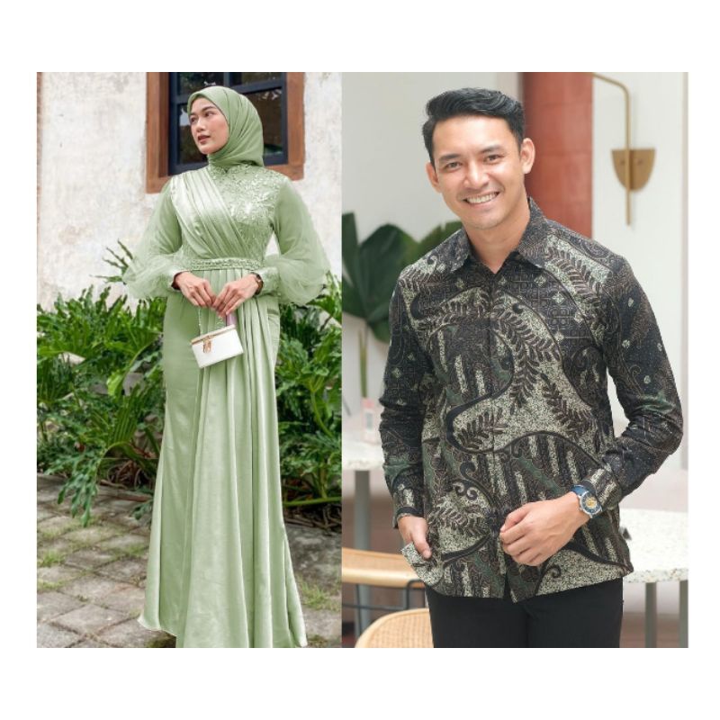 BATIK EXPRESS - Baju Couple Pasangan Gamis Aldira Brukat Tulle Mutiara Couple Dress Kondangan Lamaran Baju Couple Lebaran Adeeva Maxi Dress Modern