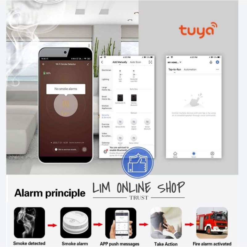 Alat Smart Smoke Detector Wifi TUYA APP Android IOS Alarm Sistem Pendeteksi Asap Kebakaran Fire Detection Hotel Rumah Pabrik Toko