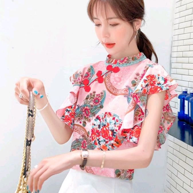 0381 / Atasan wanita import baju hari raya Lengan pendek wanita impor pakaian pesta imlek kondangan 