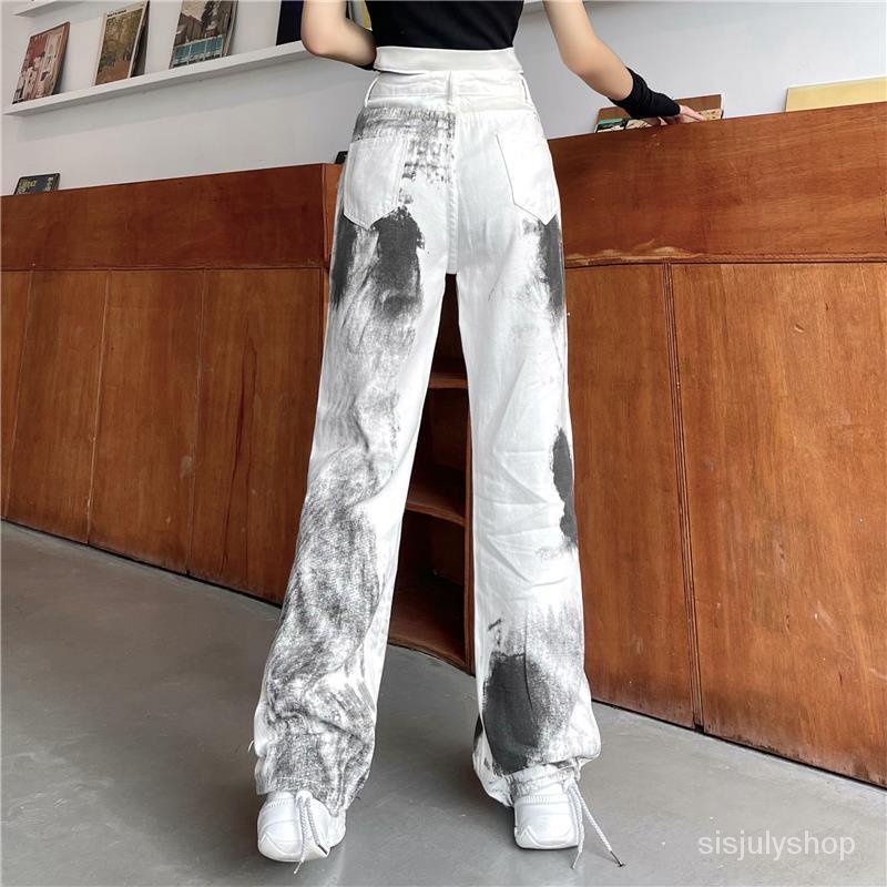 #Sisjuly# Jeans tertekan tie-dye berkaki lurus berkaki lurus wanita ukuran besar pinggang tinggi lon