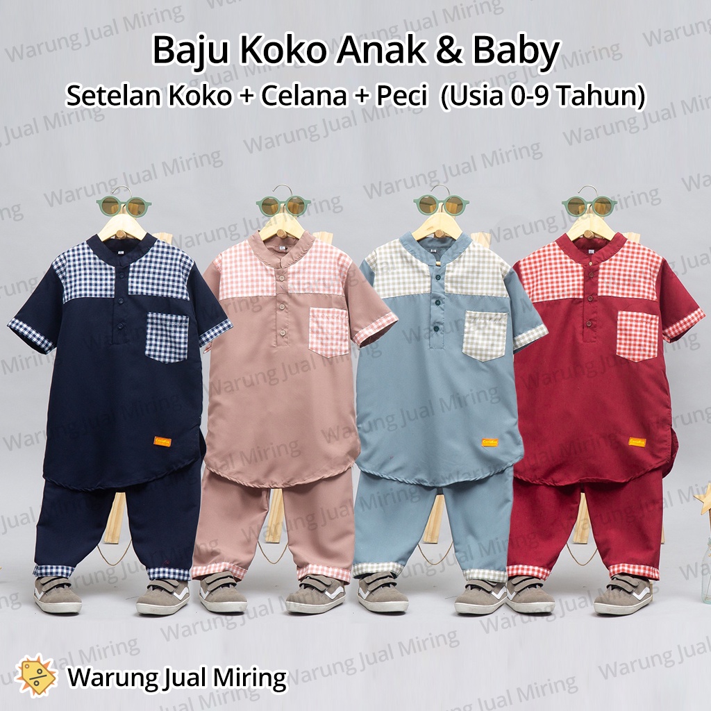 Setelan Koko Peci Anak 0-9 Tahun Sarkoci Set Baju Kemeja Celana Panjang Kurta Polos Motif Laki Cowok Cowo Newborn New Born Baby Bayi Balita TK SD Muslim Sekolah Warna Sage Navy Marun Stelan Kokoh Kelas Umur Usia Bulan 1 2 3 4 5 6 7 8 10 11 12 18 24 Dubai