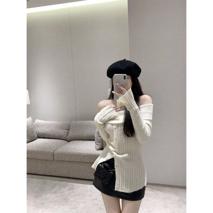 Red Angin lembut celah pakaian rajut wanita musim gugur baru hot gadis rasa desain ceruk lengan panjang one-shoulder sweater top