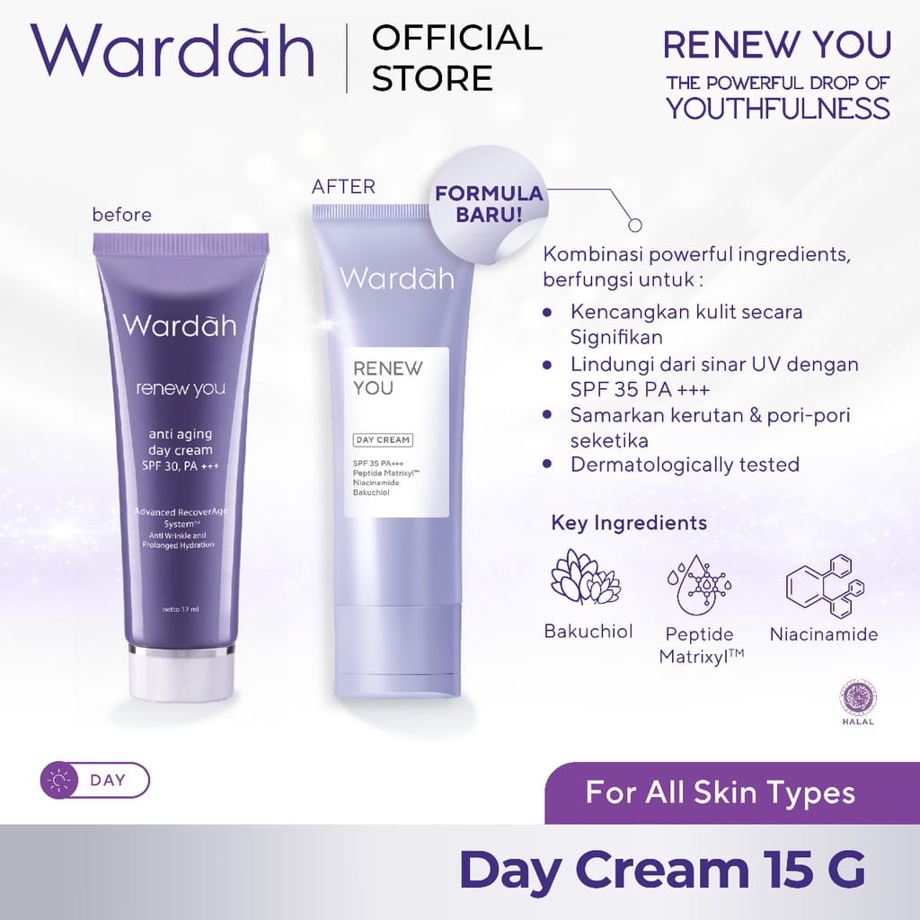 (Dapat 2 Pcs) Day Cream &amp; Night Cream Wardah Renew You Anti Aging 30gr / 15ml - Mousturizer / Pelrmbab / Krim  Pagi Siang &amp; Malam Skincare Wajah BPOM Halal ORIGINAL - Wardah Ungu