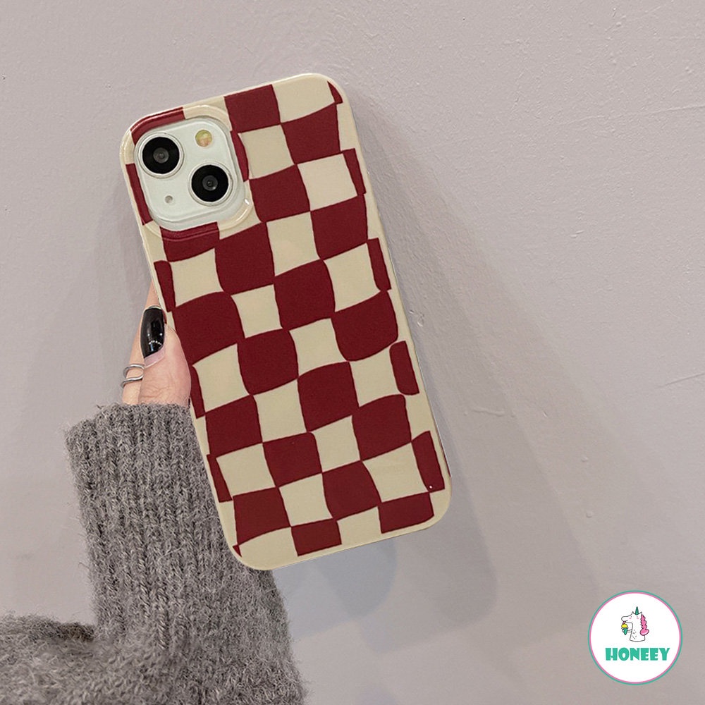 IPHONE Fashion Anggur Merah Kisi Grid Glossy Casing Ponsel Untuk Iphone14 13 12 11 Pro Max Halus Tipis Lembut TPU Belakang Ponsel Cover