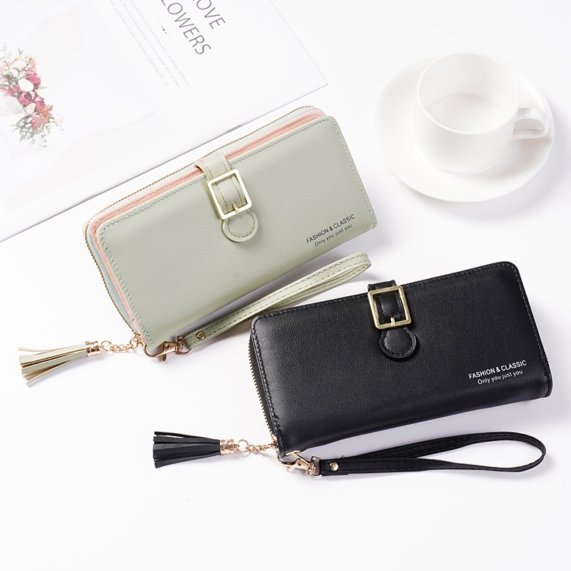 Dompet Panjang Lipat Zipper Multifungsi Korea Style Dompet Fashion Cewek Resleting Klip Women Wallet PU Satu7an D88