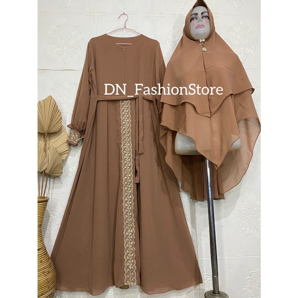 Gamis Syari Ceruty Babydoll Variasi Renda Tengah dan Tangan / Resleting Depan Tangan Kancing mix Rempel