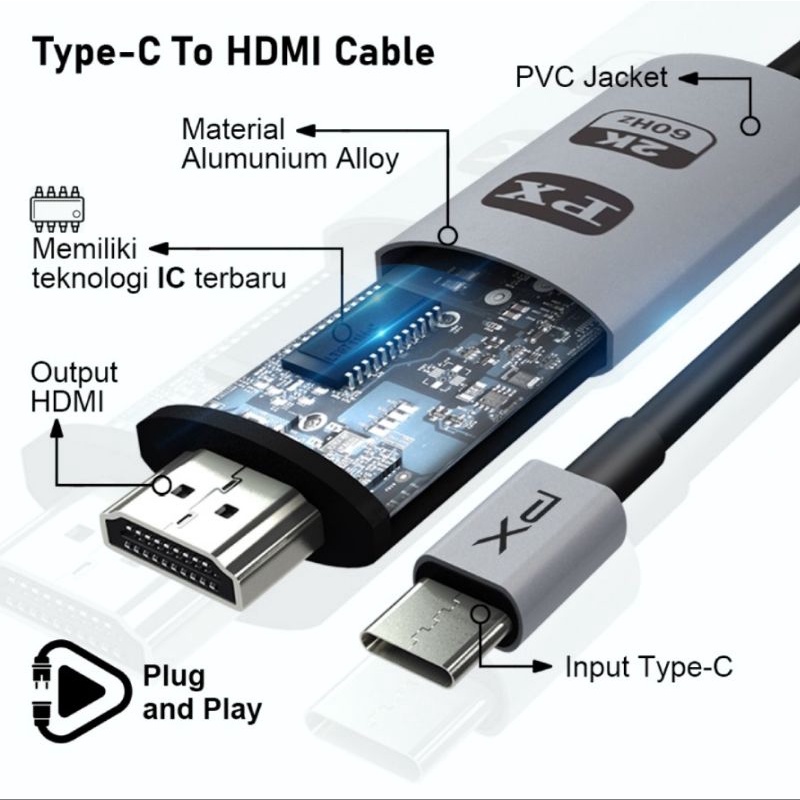 Kabel MHL USB Type C to HDMI TV Proyektor Converter 2M PX MHA-30C