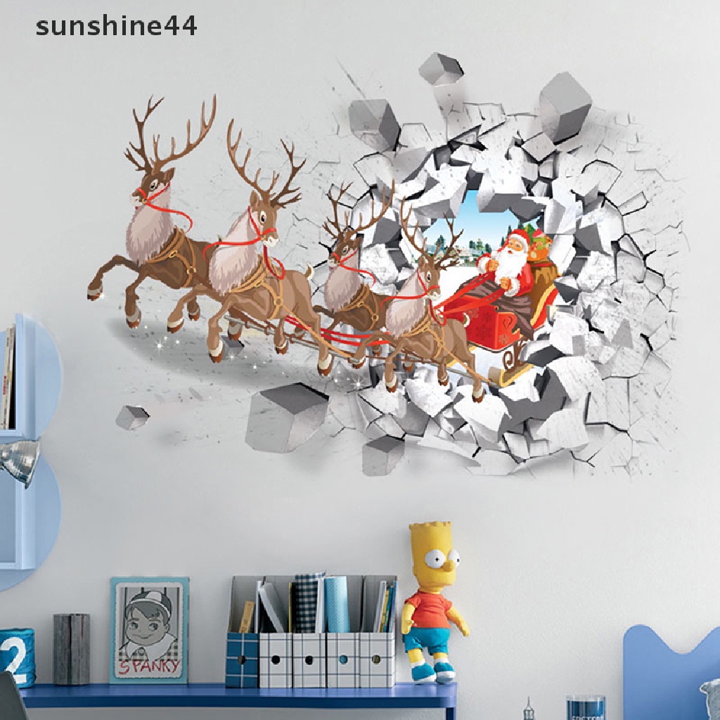 Sunshine Natal Stiker Dinding Decal 3D Simulasi Palsu Jendela Santa Claus Rusa Wall Sticker Window Rumah Vinyl Mural New Year Stickers.