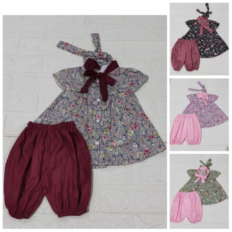 Setelan Anak Bunga Celana Katun Toyobo ada Bandana Bayi umur 1-12 bulan Baju Anak Cewek Branded Untuk Lebaran SNI