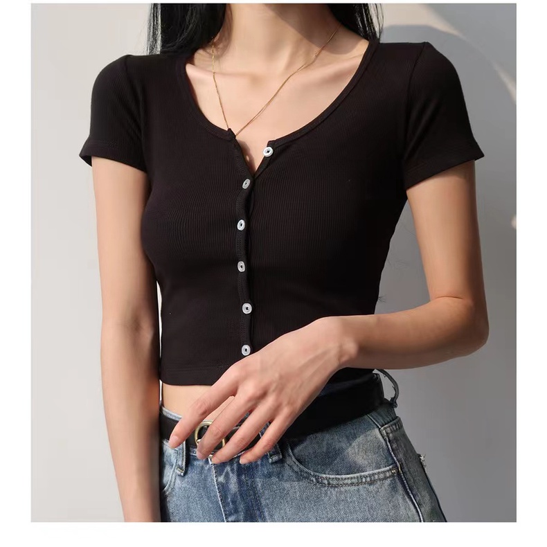 Slim-fit Button Rib-knit Crop Atasan Wanita Lengan Pendek 1558 (S-XL)