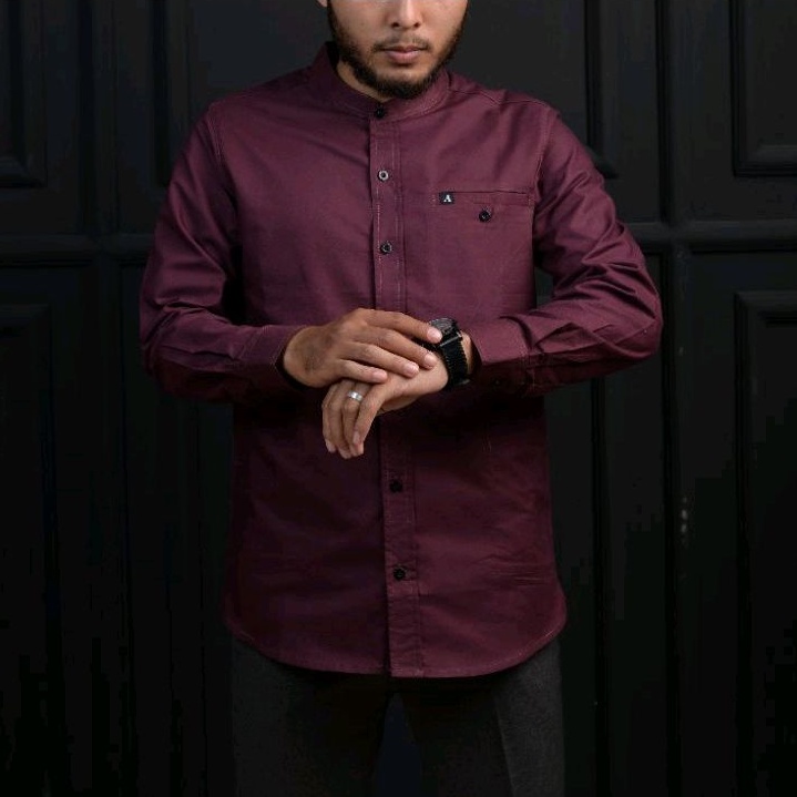 KEMKO PRIA LENGAN PANJANG BAHAN FULL COTTON WASHING KEMEJA KOKO WARNA HITAM ARMY MAROON TAN M L XL