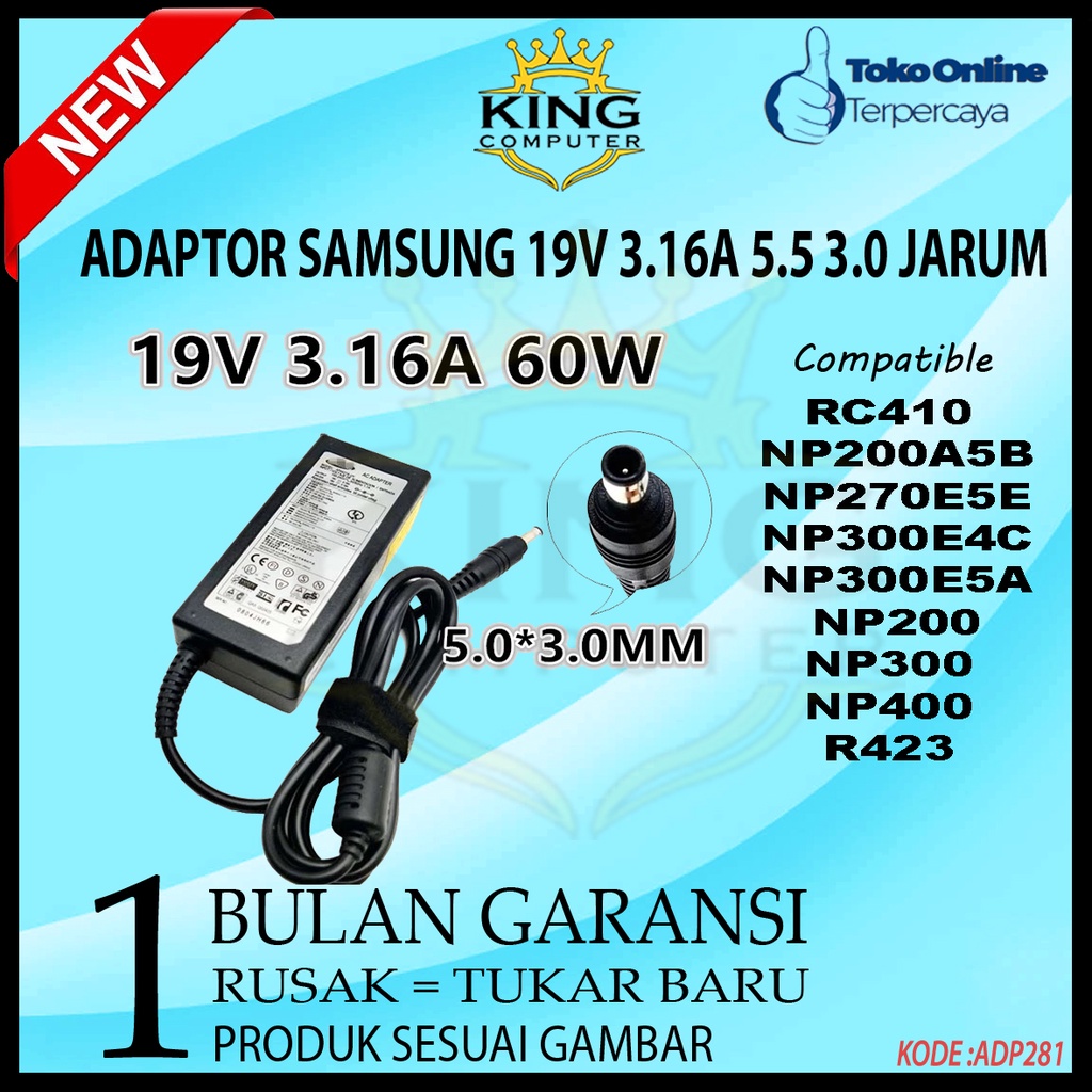 ADAPTOR CHARGER SAMSUNG 19V 3.16A 5.5 3.0 JARUM