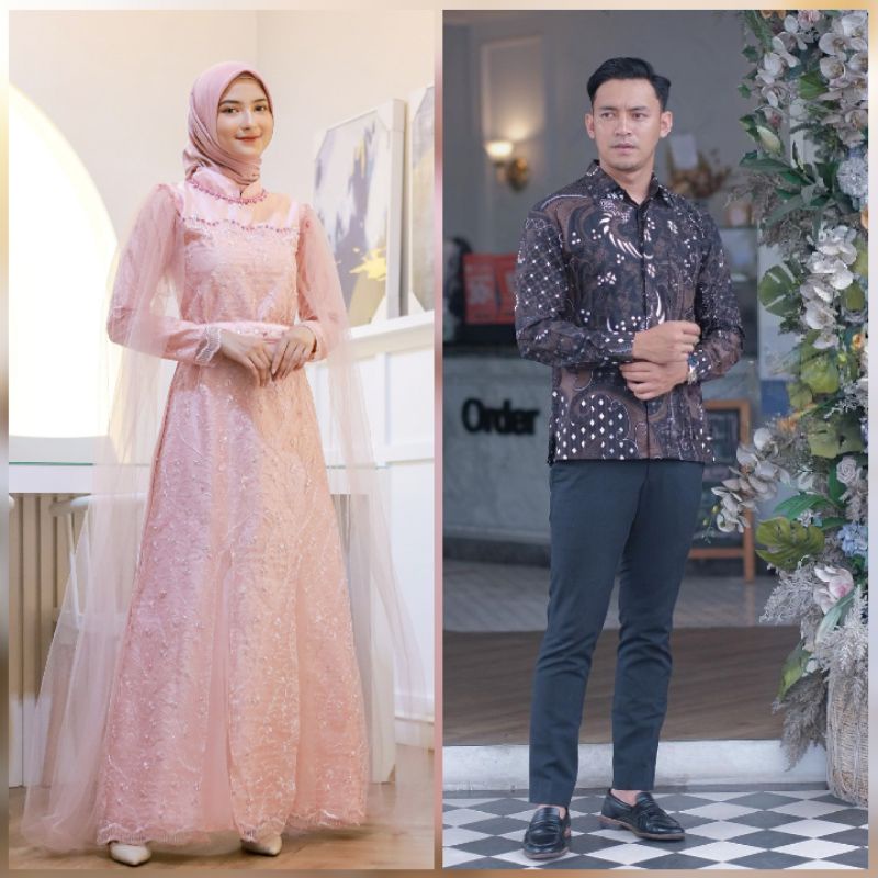 BATIK EXPRESS | Baju Couple Pasangan Gamis Amera Brukat Tulle Mutiara Couple Dress Kondangan Lamaran Baju Couple Lebaran Maxi Dress Modern