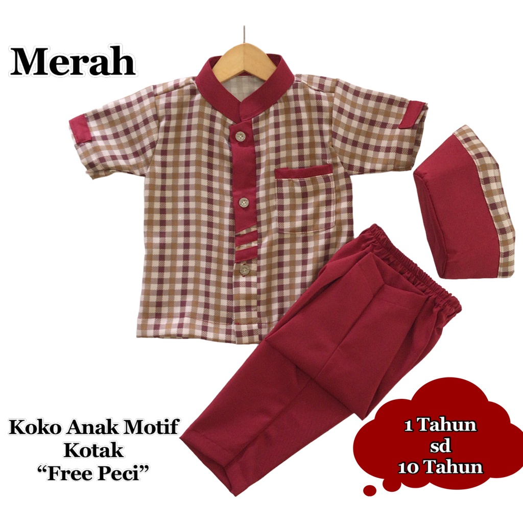 SETELAN KOKO ANAK LAKI-LAKI/BAJU MUSLIM ANAK LAKI-LAKI MOTIF KOTAK WARNA MERAH