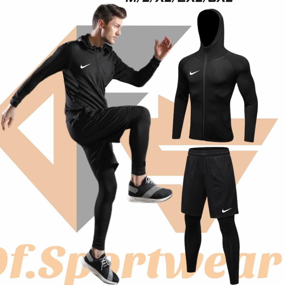 TERLARIS Stelan Olahraga Pria Running Jogging 3in1 Jaket Hodie Celana Pendek Dryfit Manset Laging Si