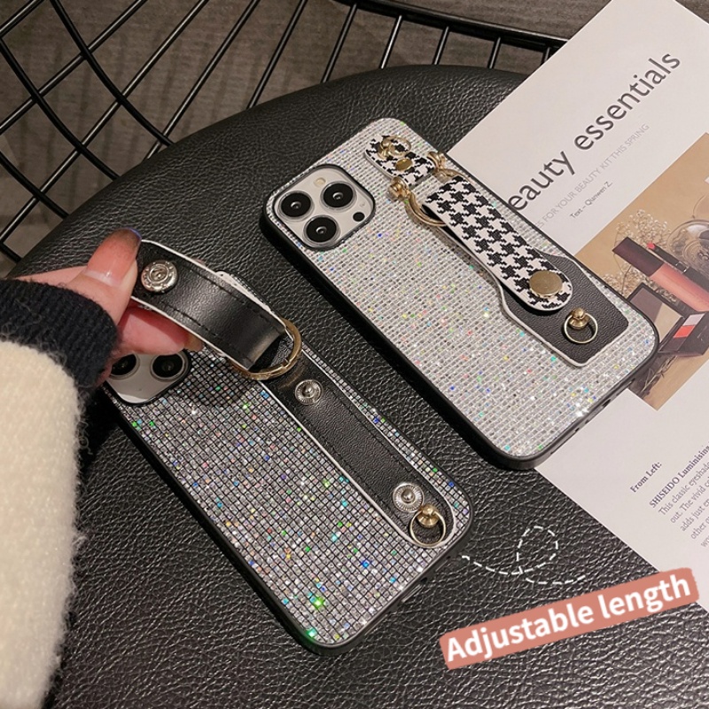 [High Quality] Flash Diamond Wrist Strap Case Untuk IPhone 14,13,12,11 Pro Max Casing Ransel Motif Houndstooth