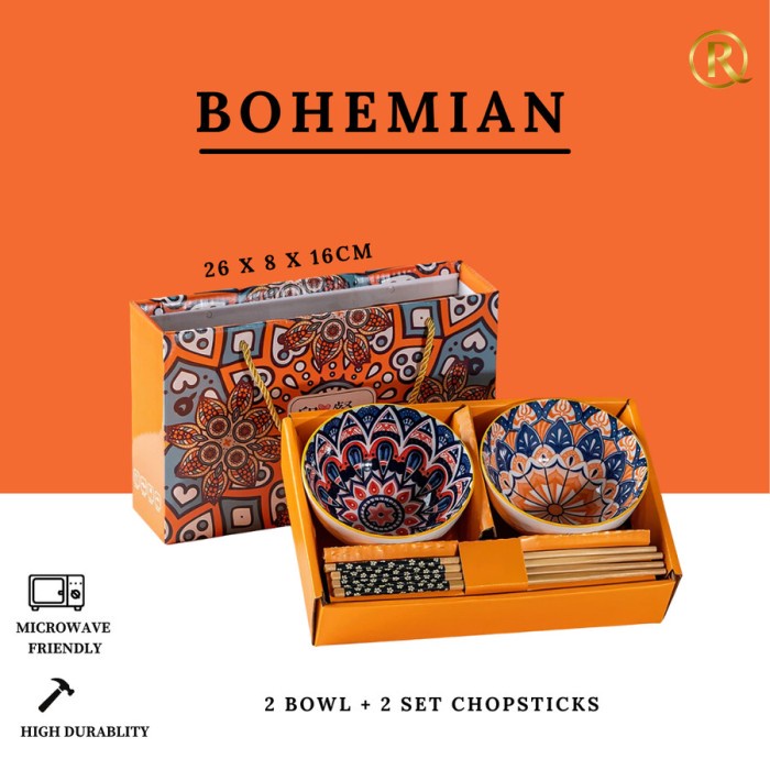 MANGKOK JEPANG BOHEMIAN KERAMIK DAN SUMPIT SET 2 HAMPERS