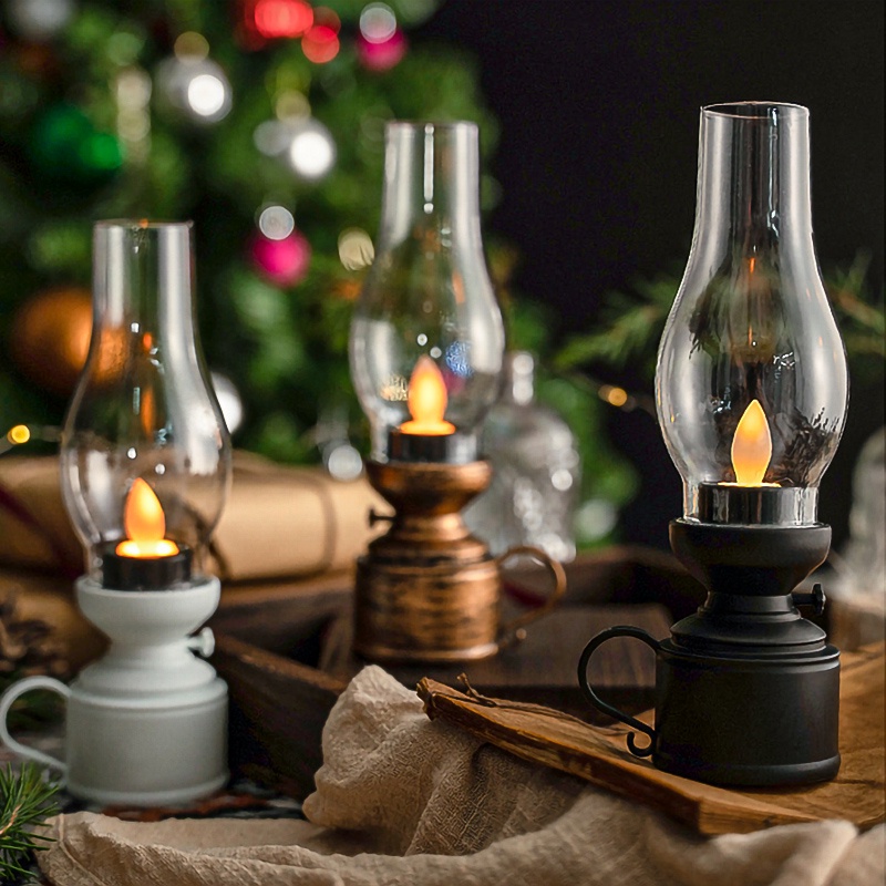Vintage LED Lilin Simulasi Lampu Minyak Tanah Retro Lentera Minyak Desktop Ornamen Warm Yellow Night Light Properti Foto Dekorasi Rumah