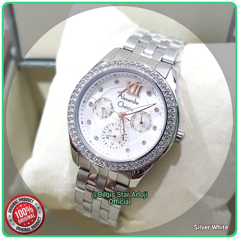 Alexandre Christie Wanita Ac 2496 Diamond Tali Rantai Silver Original