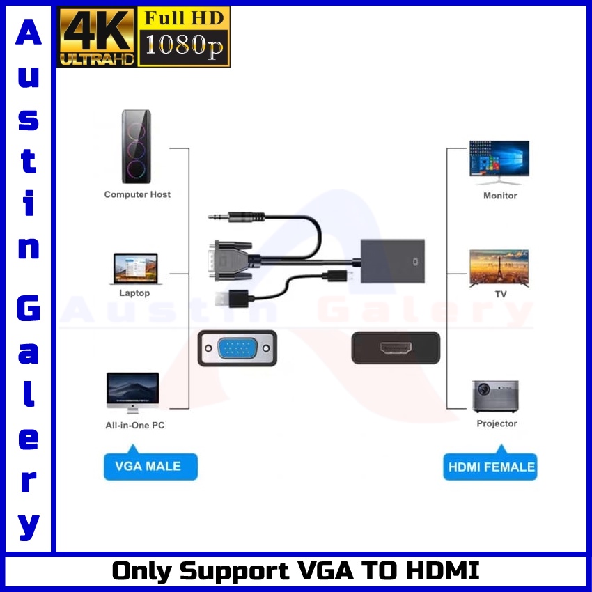 Adapter VGA Male Input TO HDMI Female Output With Audio Input Full HD1080P Untuk PC Komputer TV Projector