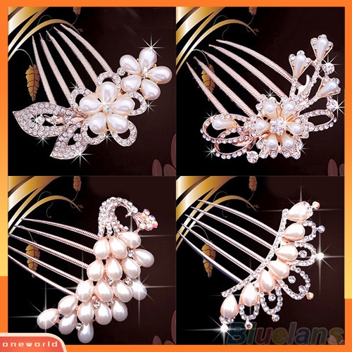 {oneworld} Pernikahan Pengantin Berlian Imitasi Mutiara Imitasi Jepit Rambut Bunga Merak Hair Clip Comb