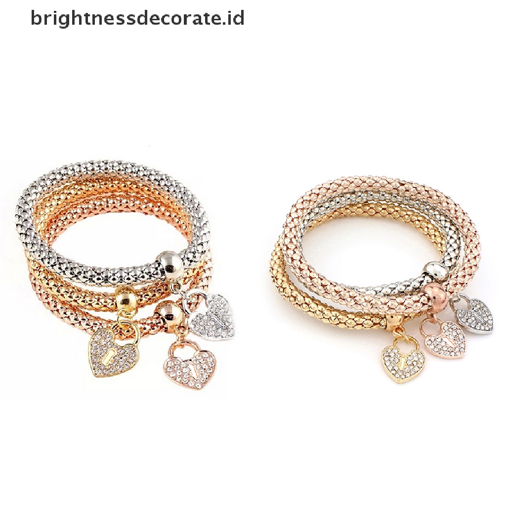 [Birth] 3pcs Wanita Fashion Ctue Pesona Kristal Berlian Imitasi Jantung Gelang Elastis Bangles [ID]