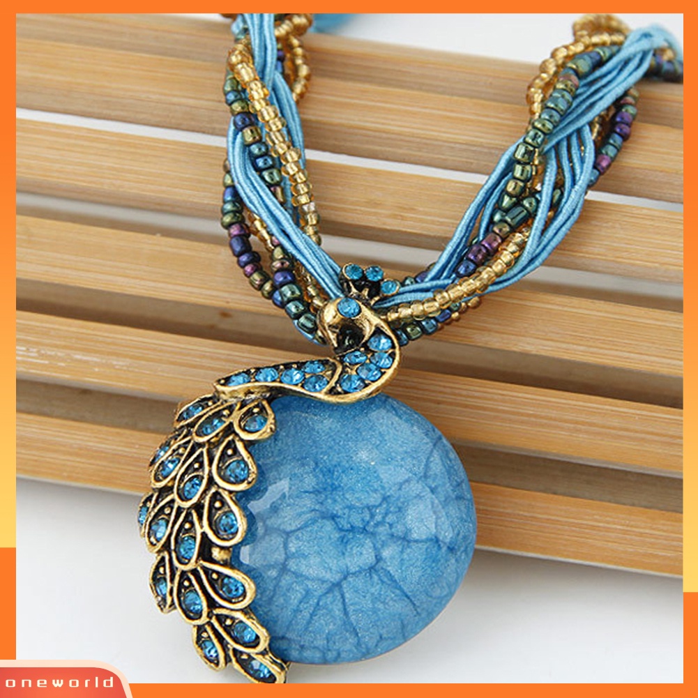 {oneworld} Bohemian Wanita Berlian Imitasi Hias Merak Bulat Imitasi Opal Liontin Kalung Hadiah