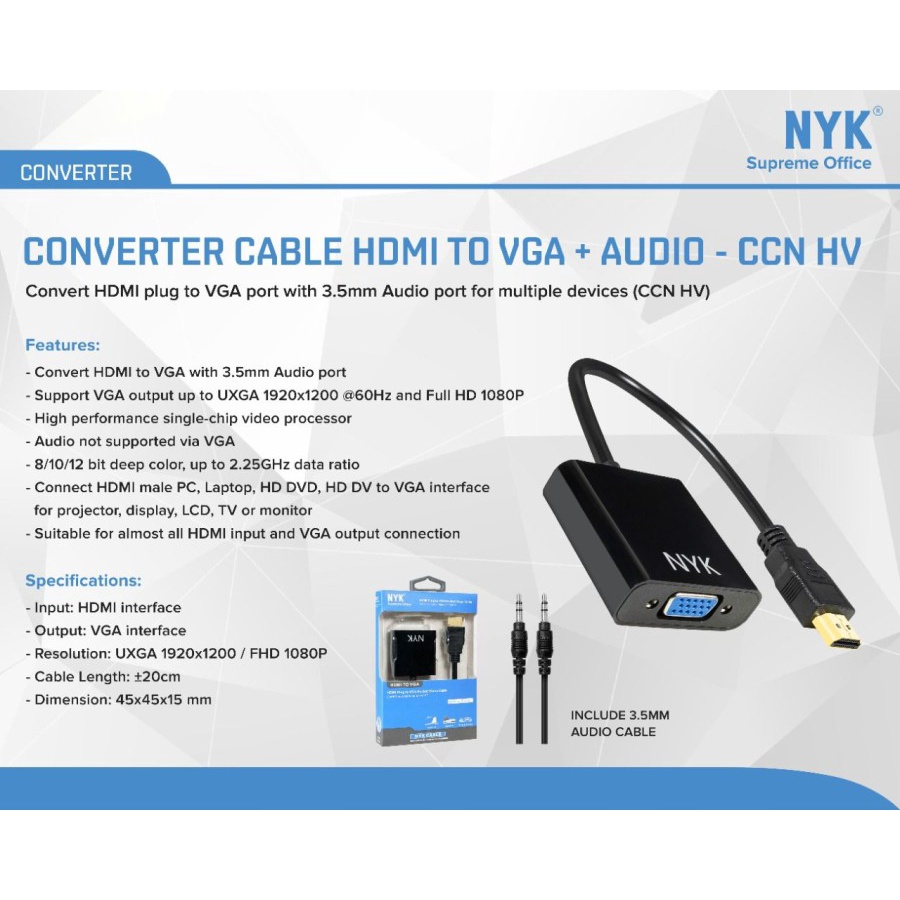 CONVERTER CABLE NYK HDMI TO VGA AUDIO SUPREME