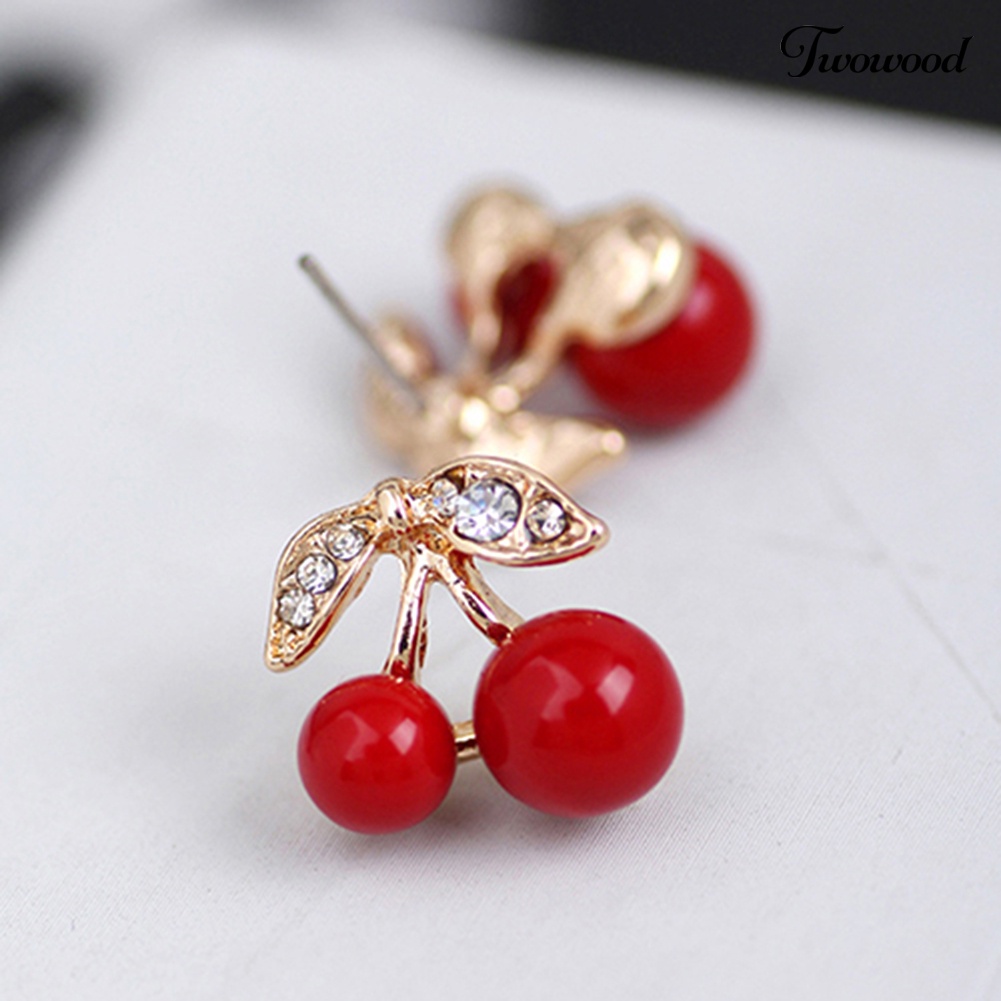 Duakayu Wanita Merah Cherry Bening Berlian Imitasi Telinga Studs Beads Golden Alloy Leaves Earrings