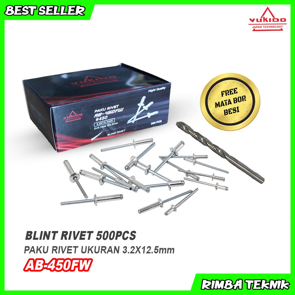 YUKIDO paku rivet paku tembak 450 3.2mm x 12.5mm isi 500 pcs free mata bor besi ya kak