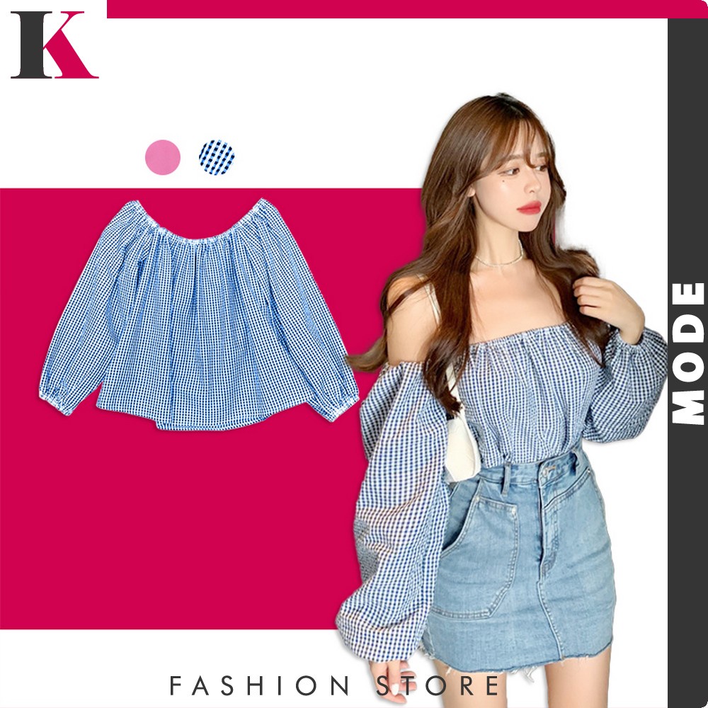 Blouse Sabrina Crop Lengan Panjang Model Balon Korean Style / Baju Atasan Wanita Motif Kotak Top Off