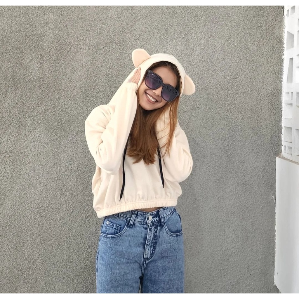 Sweater Wanita EAR CUTE HOODIE CROOPE Kupluk Lucu Outerwear Fashion Terkini Korean OOTD Kasual Simple