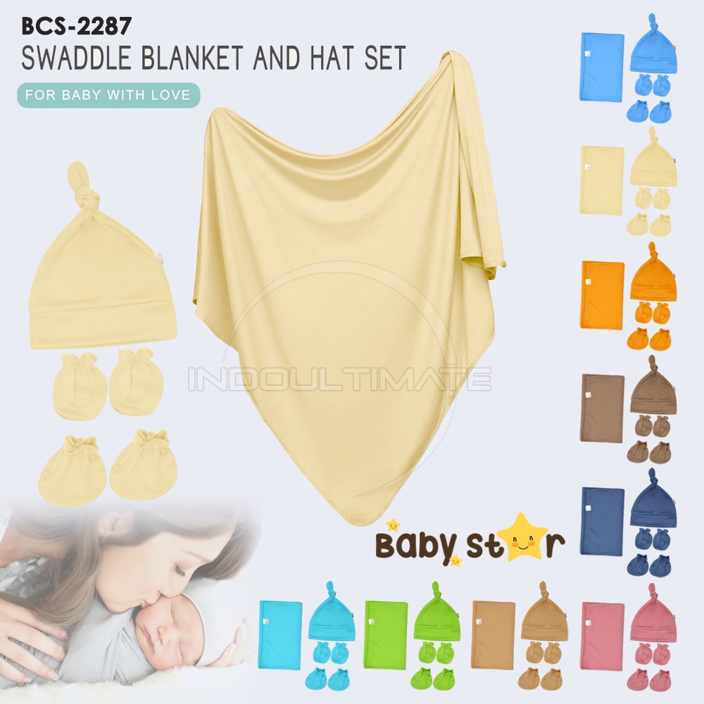 4in1 BABY STAR Bedong Bayi + Topi Kupluk Bayi + Sarung Tangan Kaki Bayi Perlengkapan Bayi Baru Lahir Kain Selimut Bayi Kain Bedongan bayi Alas Tidur Bayi Selimut Tidur Bayi Baby Hat Topi Kuncir Bayi Perlengkapan Baby Newborn Hampers BCS-2287