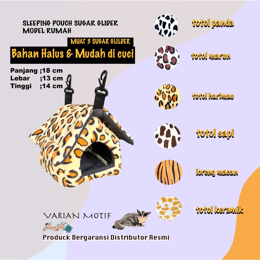 NEW-SLEEPING POUCH MODEL RUMAH  LORENG-TOTOL-HEWAN SUGAR GLIDER, TUPAI TERBANG-BAHAN HALUS-MUDAH DI CUCI